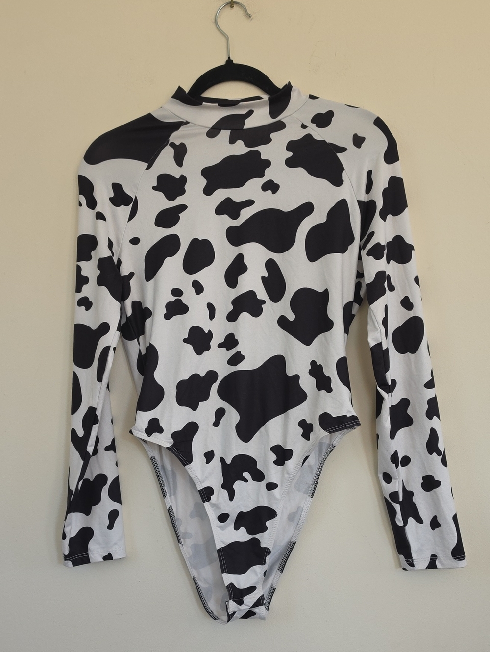 Shein Cow Print Mock Neck High-Leg Long-Sleeve Bodysuit Large